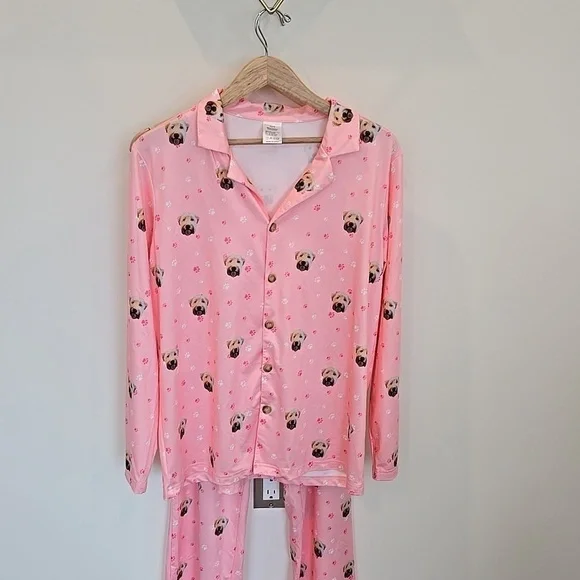 Cuddle Clones Wheaten Terrier Dog Pink Satin Pajamas Long Sleeve Top Pants Set